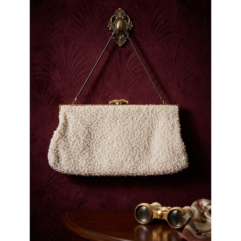 Vintage 1960s Broadway White Beaded Evening Clutch